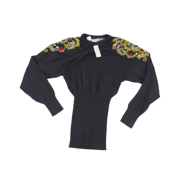 Kenar Sweaters - Ann Tjian for Kenar Vintage Black Lambswool Beaded Rhinestone Sweater Medium